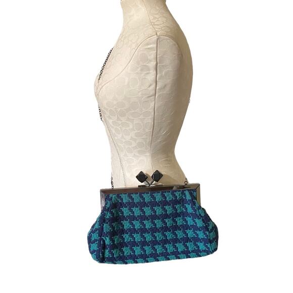 La Je Houndstooth Print Satchel Kisslock Shoulder Purse Vintage Blue and green - Picture 2 of 5